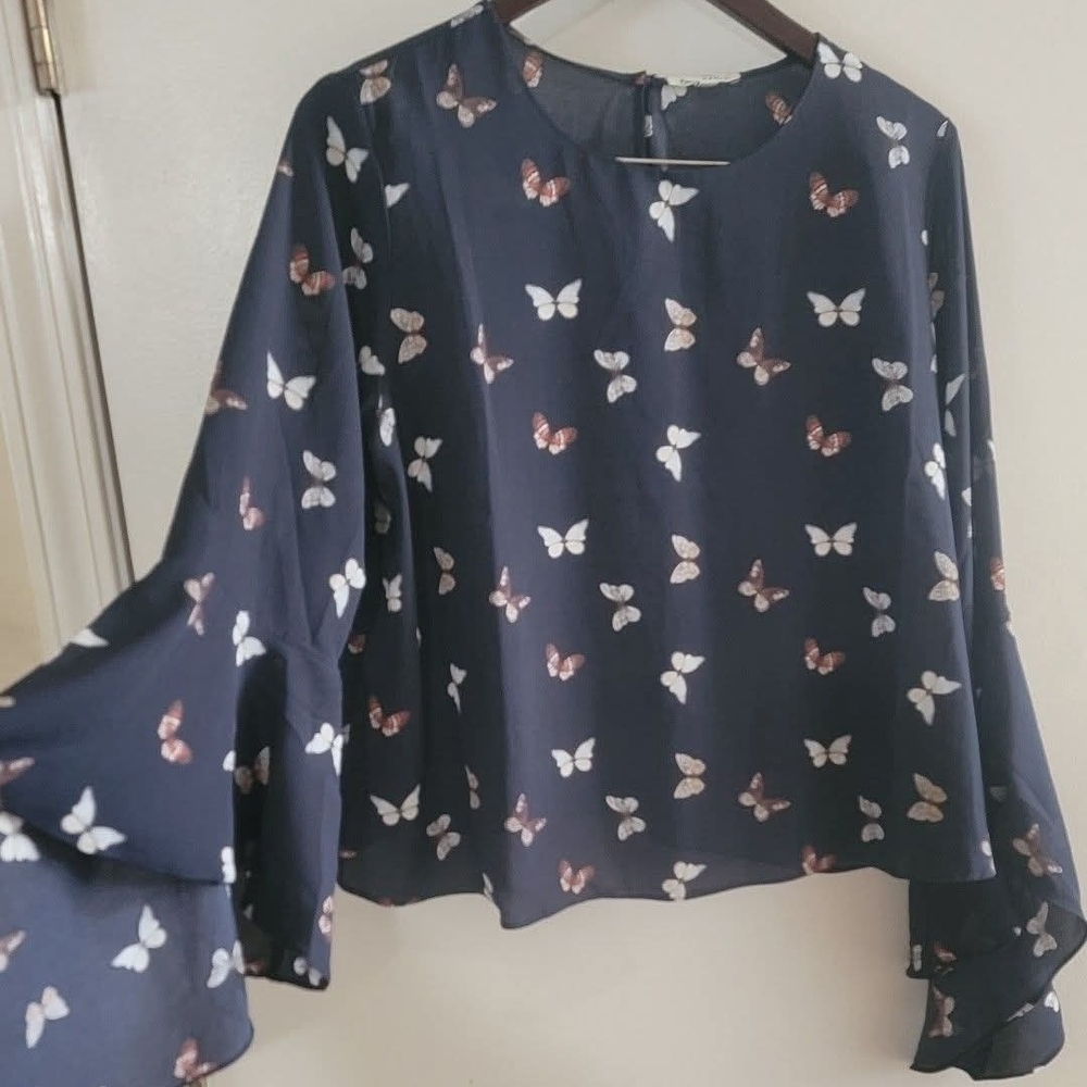 Butterfly Print Navy Blouse